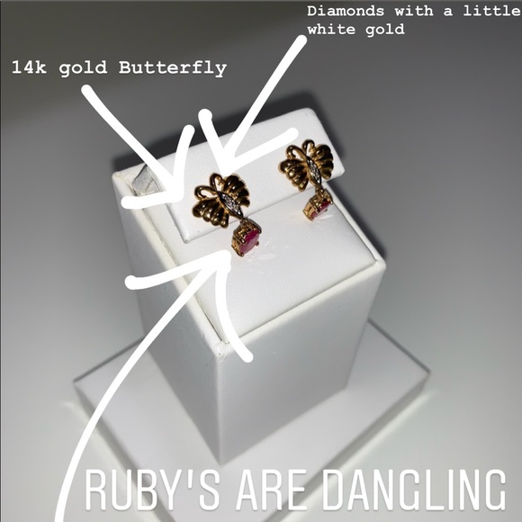 Dangling Ruby & Diamonds 14k Butterfly Earrings
